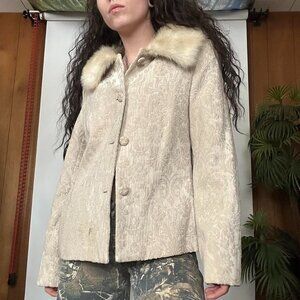 Beige Brocade Jacket with Faux Fur Collar